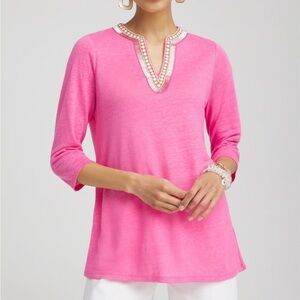 Chico's All Linen Embellished Tunic Delightful Pink M 8